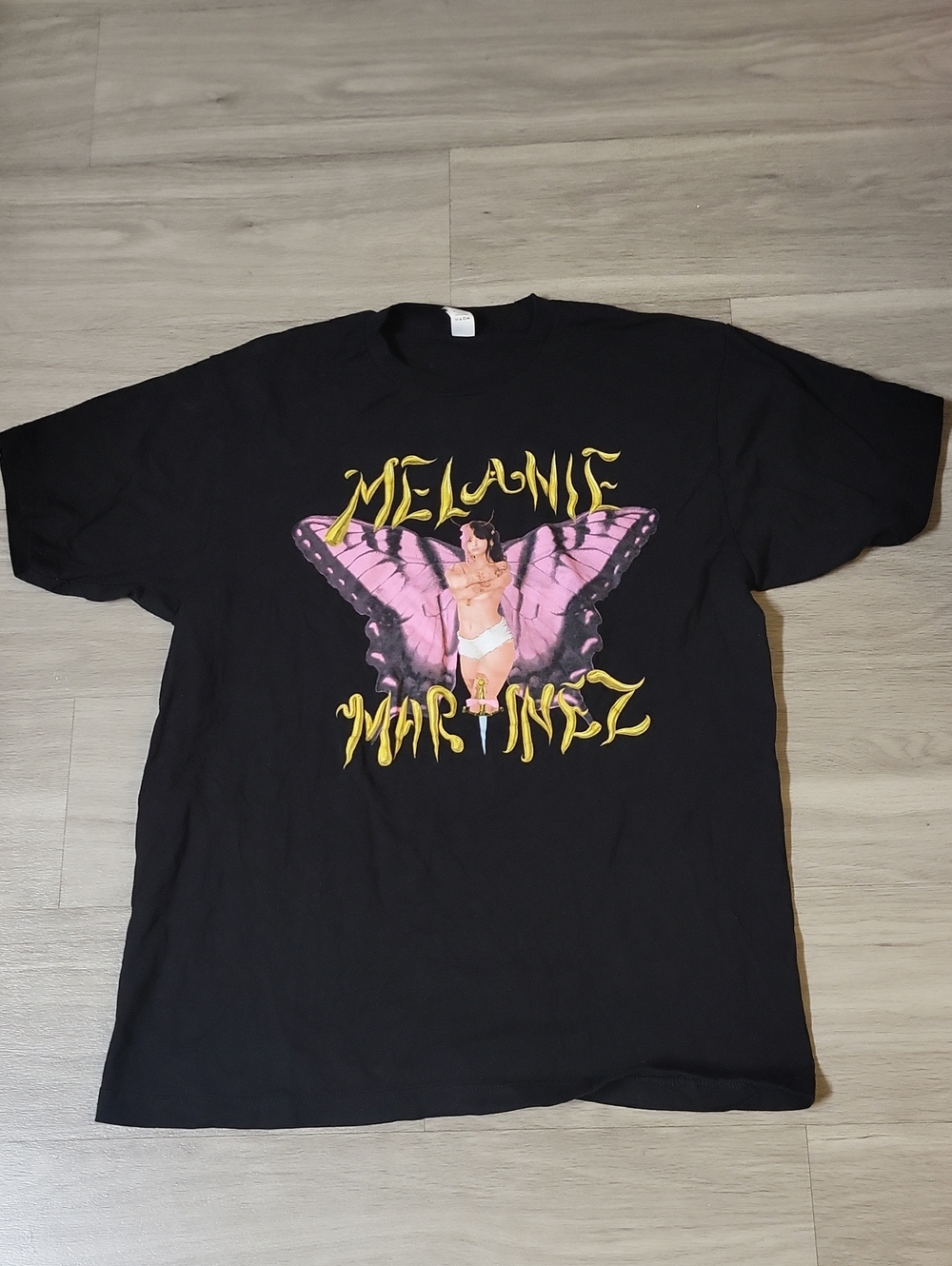 Tultex Black Graphic Tee with Pink Butterfly and Yellow Script